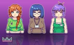 3girls artist_name blue_hair breasts clothed clothes clothing female_only females freckles freckles_on_face glasses green_eyes hard_nipples multiple_females multiple_girls nipple_bulge oc original original_character original_characters pixel_art pixeldottod purple_eyes