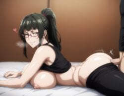 1boy 1girls ai_generated anal anal_sex anal_sex bare_shoulders big_breasts big_hips blush clothing curvy female female_focus female_only glasses green_hair huge_breasts jujutsu_kaisen kikia1 lying_on_stomach male_out_of_frame pants patreon ponytail prone_bone ripped_clothing sex skindentation sneakers t-shirt tagme tagme_(artist) tight tight_clothing torn_clothes zenin_maki