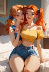 2girls ai_generated bedroom blue_ribbon denim_shorts red_hair twins yellow_top