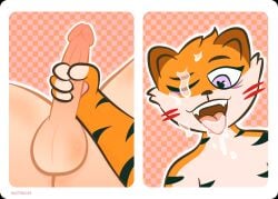 anthro balls black_stripes blush blush_lines bodily_fluids claws cum cum_on_cheek cum_on_eyelid cum_on_face cum_on_forehead cum_on_tongue duo felid femboy fur genital_fluids genitals handjob heart_eyes heart_symbol hi_res human human_on_anthro interspecies male male/male mammal orange_body orange_fur ouchlucas pantherine penile penis purple_eyes sex stripes tan_body tan_skin tiger tongue tongue_out white_body white_fur