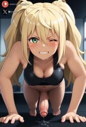 1futa ai_generated balls big_breasts big_penis blonde_hair blush clothing cock dickgirl dumbbell_nan_kilo_moteru? erection exercise foreskin futa_only futanari green_eyes huge_cock indoors light-skinned_futanari light_skin long_hair looking_at_viewer penis precum roxygtf sakura_hibiki solo solo_futa sweat sweating sweaty_body twintails