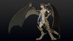 1boy anthro blue_penis erection fangs feline gargoyle gekko green_eyes hybrid klaue leogarg leopard male male_only mammal nude penis shaded smile solo uncensored wings