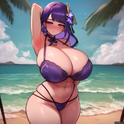 ai_generated beach belly belly_button bikini breasts female female_focus female_only genshin_impact hoyoverse inazuma_girls light-skinned_female light_skin mihoyo mihoyo_technology_(shanghai)_co._ltd. purple_bikini purple_eyes purple_eyes_female purple_hair purple_hair_female raiden_shogun solo solo_female solo_focus standing thighs weight_gain