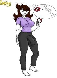 1futa band_of_regeneration big_breasts black_eyes brown_hair futanari grey_pants jaiden_animations purple_shirt purringnsfw solo_futa tagme terraria youtuber