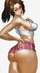 alternate_costume ass back_view barefoot big_ass big_breasts breasts brown_hair casual casual_clothes dolphin_shorts fatal_fury feet female female_focus female_only human human_only king_of_fighters kneeling kneeling_female light-skinned_female light_skin long_hair looking_at_viewer looking_back mai_shiranui mashingvaquita nipples pink_shorts shirt shorts sideboob snk soles solo solo_female sweat thick_thighs tied_hair toes top white_shirt wide_hips