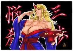 areola_slip areolae bare_shoulders blonde_hair breasts busty cleavage dairoku_tenma demon_horn demonic_eyes drunk female horn hoshiguma_yuugi huge_breasts japanese_clothes kimono long_hair looking_at_viewer off_shoulder oni pointy_ears red_eyes sakazuki sash solo touhou voluptuous wide_sleeves