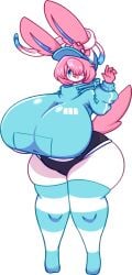 aiko_(imfrutty) anthro black_shorts blue_hoodie cap dewbber female furry hair_over_one_eye huge_breasts pink_hair pokemon pokemon_(species) pokemon_oc sylveon thigh_highs underboob wide_hips