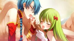 1boy 2girls 5pb. blue_hair censored collaborative_fellatio cum_in_mouth eiyuu_senki facial fellatio gloves green_hair group_sex jewelry kublai_khan_(eiyuu_senki) licking long_hair marco_polo_(eiyuu_senki) multiple_fellatio multiple_girls necklace ooyari_ashito open_mouth oral penis protagonist_(eiyuu_senki) purple_eyes sex teamwork threesome tongue yellow_eyes