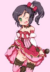 black_hair blush breasts dress_lift female green_eyes idolmaster idolmaster_cinderella_girls looking_at_viewer microphone najimi_shin no_panties open_mouth ponytail pussy smile solo thighhighs tied_hair uncensored wink