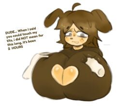 anthro breasts breasts_bigger_than_head breasts_grab dog_ears furry huge_breasts looking_at_viewer oc tagme text zeraniumz