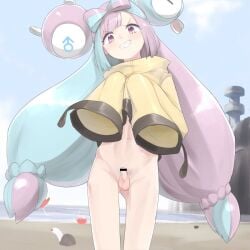 1boy 2025 bar_censor blue_hair blue_pubic_hair blue_sky cute cute_penis erection half_naked no_pants no_underwear ocean outdoors pokemon rule_63 small_balls small_penis smile testicles