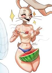 bunny_tail crop_top eating female five_nights_at_freddy's kaonicdogmen mask underwear vanessa_(fnaf) watermelon