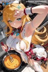 ai_generated apron armpit arms_up blonde_hair blue_eyes breast chef chef_hat cooking escoffier_(genshin_impact) female female genshin_impact hoyoverse long_hair luka45 mihoyo patreon patreon_reward patreon_url patreon_username sideboob thighhighs thighs wet wet_body