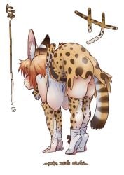 animal_ear_fluff animal_ears animal_print animal_tail anthro ass bare_shoulders belt bent_over blonde_hair blush boots bow bowtie breasts closed_eyes clothing elbow_gloves extra_ears felid feline female footwear full_body fur furry gloves hair hanging_breasts high-waist_skirt huge_breasts kemono_friends large_breasts leaning_forward legwear mammal medium_hair multicolored_hair nyororiso_(muyaa) orange_hair print_bow print_bowtie print_gloves print_legwear print_skirt serval_(kemono_friends) serval_print shirt shoes short_hair simple_background skindentation skirt sleeveless sleeveless_shirt solo spots standing tail thick_thighs thighhighs thighs tiptoes white_background white_footwear white_shirt