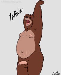 2022 absurd_res anthro arm_tuft balls bear chest_tuft closed_eyes english_text fangs fiercedeitylynx genitals hair half-erect hand_behind_head hi_res leg_tuft male mammal marlon_(fiercedeitylynx) navel nipples nude open_mouth overweight overweight_anthro overweight_male penis raised_arms short_hair signature simple_background solo standing stretch_marks stretching teeth text tongue tuft yawn