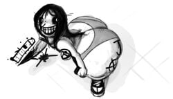 1boy artist_logo artist_name artist_signature ass ass_bigger_than_head ass_cleavage ass_focus big_ass big_butt black_hair bloody_knife butt_crack butt_focus creepypasta fat_ass fat_butt femboy femboy_focus femboy_only gay huge_ass huge_butt jeff_the_killer knife looking_up male male_only messy_hair monochrome sketch sketchy smolzd tattoos white_background white_skin writing_on_ass writing_on_butt