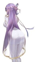 ass black_hair breasts dress female from_behind goddess_of_victory:_nikke hair_ornament jien jien_(nikke) kimright0 large_breasts long_hair multicolored_hair pantyhose purple_hair simple_background solo very_long_hair white_background white_dress white_pantyhose