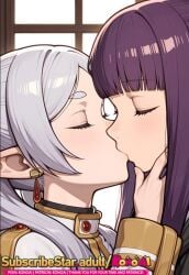 ai_generated closed_eyes elf fern frieren human kissing purple_hair sousou_no_frieren student teacher teacher_and_student white_hair yuri