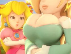 2girls blonde_hair female huge_breasts mario_(series) nintendo nurico princess_peach princess_rosalina tagme video voluptuous