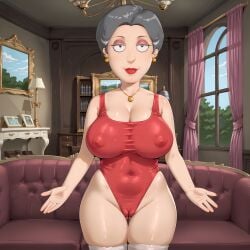 1girls 1milf aegis999_(artist) ai_generated alternate_version_available areolae barbara_pewterschmidt big_breasts breasts cameltoe cleavage erect_nipples family_guy leotard looking_at_viewer milf nipples_bulge nipples_visible_through_leotard no_bra sagging_breasts short_hair standing thighhighs thighs