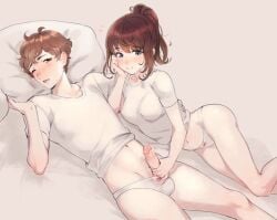 1boy1girl 2025 arms_up ball_bulge balls_under_clothes bed blush blushing_male blushing_profusely cute_couple cute_penis holding_penis horny_female looking_at_penis medium_breasts no_pants one_eye_closed panties penis_out realistic_penis_size smiling_at_partner