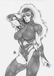 2000 android armor breasts dairoku_tenma female headgear hi_no_tori highres long_hair monochrome naughty_face olga_(hi_no_tori) osamu_tezuka_works playing_with_hair science_fiction seductive_smile signature toned