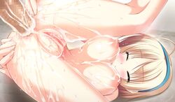 amagasa_yomogi anal anus atelier_kaguya blonde_hair blush breasts censored closed_eyes cum cum_in_ass female game_cg nude penis pussy short_hair tamahaji!_-tamatama_hajikeru_imouto-tachi