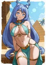 blue_eyes blue_hair breasts egyptian jewelry large_ass large_breasts looking_at_viewer my_hero_academia nejire_hado redjet shiny_skin smile vagina wide_hips