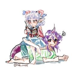 barefoot commission earrings horn horns human_chair oerba_yun_fang purple_hair reading sitting_on_person tail tenkajin_chiyari touhou toutetsu_yuuma yuri yuri yuuma_toutetsu