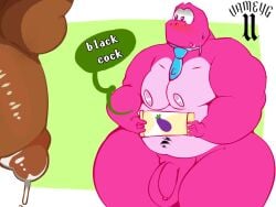2026 accessory anthro balls blush bodily_fluids dark_body dark_penis dark_skin dinosaur duo flaccid gameoverse genital_fluids genitals glitch_productions gobbles_(gameoverse) hi_res hyper male male/male moobs necktie nipples penis precum prehistoric_species reptile scalie solo_focus standing uameyg