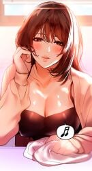 1girls blush brown_eyes brown_hair cleavage dress light-skinned_female looking_at_viewer manhwa mature_female my_landlady_noona seo_hari short_hair