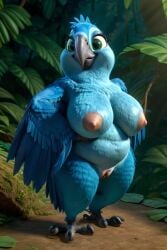 20th_century_fox 20th_century_studios ai_generated anthro avian big_breasts bird blue_feathers blue_sky_studios carla_(rio) chubby chubby_female epstar14 female female_only green_eyes jungle jungle_background looking_at_viewer macaw pussy rio_(film) rio_(series) smiling talons winged_arms