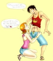 1boy1girl abs artist_request black_hair couple female male monkey_d_luffy nami one_piece orange_hair six_pack