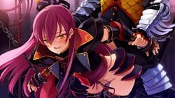 armor blush bondage censored chains eiyuu_senki from_behind game_cg oda_nobunaga_(eiyuu_senki) ooyari_ashito protagonist_(eiyuu_senki) saliva sex sweat thighhighs