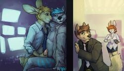 anthro blonde_hair blue_eyes blue_hair brown_hair canine cherrybox green_eyes hair husky lagomorph male male_only mammal multiple_males penis rabbit wolf yaoi