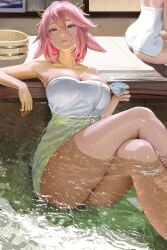 2girls bathhouse big_breasts cleavage genshin_impact legs_crossed light-skinned_female light_skin looking_at_viewer onsen pink_hair purple_hair sake sitting_in_water thick thick_thighs towel_only wet_skin yae_miko zumi