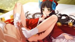 5pb. blush censored cum cum_on_feet eiyuu_senki feet footjob himiko_(eiyuu_senki) japanese_clothes legwear_bell long_hair miko no_shoes ooyari_ashito penis socks solo_focus tabi toes