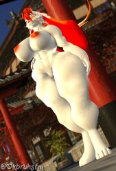 3d_(artwork) anthro big_breasts breasts digital_media_(artwork) female fira_(okbruh) fur genitals hi_res lagomorph leporid mammal muscular muscular_female nude ok_bruh orange_eyes pussy rabbit solo thick_thighs white_body white_fur