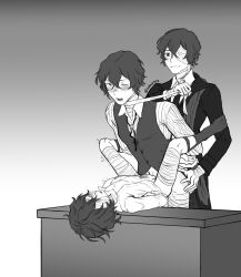 3boys alternate_universe anal auburniro bandage_over_one_eye bandage_pull bandaged_arm bandaged_leg bandaged_neck bandages blush bottomless bungo_stray_dogs clothed dazai_osamu greyscale group_sex looking_at_another male/male/male male_focus mmm_threesome monochrome multiple_boys multiple_persona one_eye_closed one_eye_covered penis selfcest sex shirt short_hair smile tagme threesome time_paradox twitter_username vest yaoi