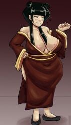 artist_request avatar_the_last_airbender big_breasts busty cleavage double_bun erect_nipples hairbun mai_(avatar) nightgown nipples robe solo