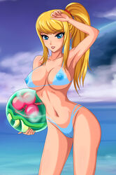 alien arm_up armpits beach bikini blonde_hair blue_eyes bodypaint breasts cameltoe cleavage curvy erect_nipples eyes female female_only highres human long_hair metroid metroid_(creature) navel nintendo nude ocean painted_clothes ponytail pussy samus_aran sigurdhosenfeld solo string_bikini swimsuit tied_hair toned water