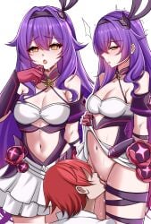 1boy 2girls black_hairband blush captain_(honkai_impact) collar cunnilingus embarrassed eyebrows_visible_through_hair golden_eyes hair_ornament hairband honkai_impact_3rd medium_breasts navel open_mouth pixiv_102305893 purple_dress purple_hair red_gloves red_hair sirin sirin_(honkai_impact) skirt_lift skirt_up standing standing_cunnilingus sweat very_long_hair white_skirt wrappings yellow_eyes