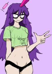 artist_request belly belly_button black_panties crop_top horn hourglass_figure long_hair looking_at_viewer medium_breasts no_bra no_pants peace_sign pov purple_hair sketch smiling syringe tenkajin_chiyari tummy underwear