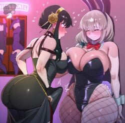 1futa 1girl 1girl1futa ai_generated black_hair blushing breasts bunny_ears bunnysuit closed_eyes crossover dress female futa_on_female futanari girls huge_breasts implied_futa intersex light-skinned_female light-skinned_futa lovelyzen penis penis_bulge playboy_bunny spy_x_family thick_thighs uzaki-chan_wa_asobitai! uzaki_tsuki voluptuous white_hair wide_hips yor_forger