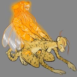 absurd_res anthro barely_visible_genitalia barely_visible_penis body_horror cheetah duo fairy felid feline genitals glowing gynomorph hi_res insect_wings intersex mammal molting penis shedding_skin thecore34 wings