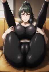 1boy 1girls ai_generated bare_shoulders big_breasts big_hips blush clothing curvy female female_focus female_only glasses grabbing_legs green_hair huge_breasts jujutsu_kaisen kikia1 legs_up lying_on_back pants patreon ponytail ripped_clothing skindentation sneakers t-shirt tagme tagme_(artist) tight tight_clothing torn_clothes zenin_maki