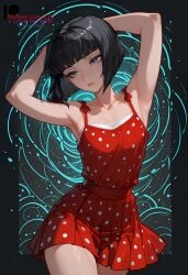 ai_generated armpits arms_up black_hair bored bored_expression dress flat_chest hi_res ilfb looking_down red_dress self_upload solo standing