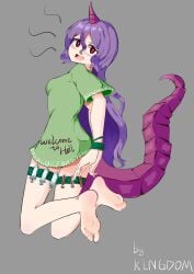 1girls barefoot blood bondage bottomless braless feet foot_fetish hands_tied hands_tied_behind_back horn long_hair no_bra no_panties oerba_yun_fang purple_hair red_eyes syringe tail tenkajin_chiyari touhou vial