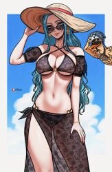 1girls bare_arms bare_legs bare_shoulders bare_thighs big_breasts blue_eyes blue_hair blush clothed clothing color female female_focus female_only hat hi_res large_breasts light-skinned_female light_skin long_hair looking_at_viewer nefertari_vivi one_piece prixmal shounen_jump solo solo_female sunglasses tagme thick_thighs