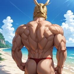 1boy ai_generated all_might back back_muscles back_view bara beach boku_no_hero_academia focus gay male_focus male_only muscle muscles muscular muscular_male my_hero_academia sexy solo solo_male thong thong_bikini toshinori_yagi